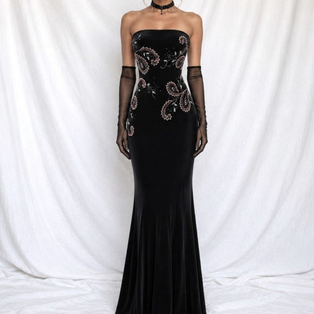 Vintage Y2K 90s Black Velvet Knit Floral Beaded Bodycon Maxi Prom Dress Size S